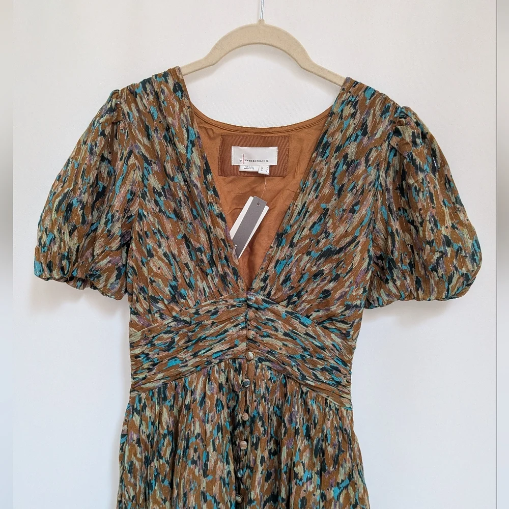 NWT By Anthropologie The Katerina Lurex Button Front Neutral Midi Dress Size 2 - Picture 6 of 16